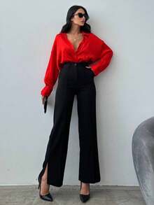 Quần ống loe màu đen thanh lịch dành cho nữ, chất liệu polyester, có khóa kéo và túi. - màu đen - Xem 2