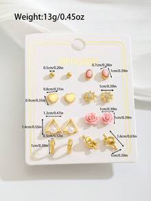 8对甜美百搭时尚花朵蝴蝶水滴形仿珍珠和水钻装饰金属色耳钉套装，适合女孩儿童派对、假期、圣诞节、新年、生日礼物及日常佩戴 - 金色 - 查看 11