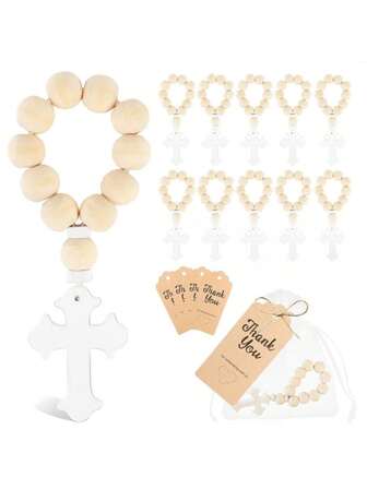 12pcs (6 Bracelets, 6 Ribbons) Simple White Wooden Bead Bracelets, Bulk Wooden Rosary Beads With Cross, White Wooden Cross Pendant, Suitable For First Communion, Confirmation, Bridesmaid Gifts, Thanksgiving Gifts