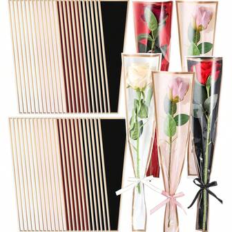 50个透明单支花束包装袋，单支玫瑰包装纸，红粉白黑三色可选，塑料玫瑰包装袋，适用于插花、母亲节、生日、情人节礼物