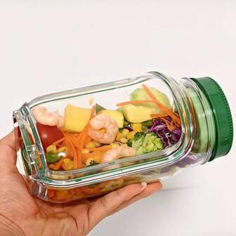 1 pieza Recipiente para ensalada con capas verticales con tazón incorporado y tapa transparente, tapa con apertura lateral, fácil de transportar, frasco para ensalada, diseño cilíndrico de plástico duradero para almacenamiento de ensalada fresca, regalos de Navidad/regalos festivos