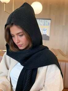 1pc Women Fashion Solid Black/Beige/Gray Striped Textured Pattern Faux Wool Knitted Hooded Scarf/Wrap, Suitable For Autumn/Winter Daily, Outing, Travel For Dress - B (vertical Stripes) - View 3