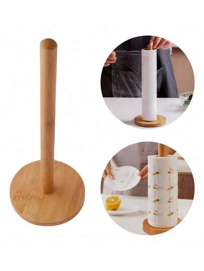 1pc/ Natural Bamboo Tissue Holder And Cling Film Organizer - An Elegant Countertop Organizer Suitable For Kitchens, Bathrooms, And Living Rooms.