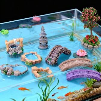 8pcs/Set Aquarium Decor, Fish Tank/Plant Landscape Ornaments, Miniature Statue Figurines, West Lake Elements Sculptures, Resin Lighthouse Decor, Suitable For Office/Home, Home Interior Decoration Accessories