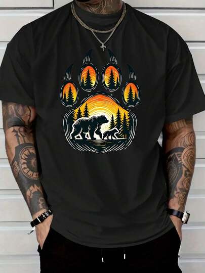 2025 Camiseta Casual Nueva de Algodón Puro para Hombre, con un Diseño Único de una Familia de Osos en un Paisaje de Bosque al Atardecer en el Frente, Perfecta para Amantes de la Naturaleza y Entusiastas de la Vida Silvestre, Cómoda y Elegante para el Uso Diario, Ideal para Viajar, Hacer Senderismo y Explorar el Gran Aire Libre, Ropa de Verano para Hombre al Aire Libre.