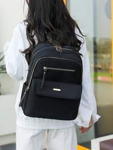 Mochila grande de nailon de unicolor acolchada y versátil para mujeres, mochila casual minimalista para estudiantes, bolso para ir al trabajo - Negro - Ver 5
