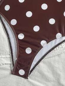 New Polka Dot All-Over Print Cute Backless One-Piece Swimsuit + Headscarf, Summer Vacation Beach - Brown - View 5