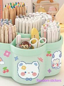 1pc Rotating Pen Holder Organizer, High Capacity, Compartments, Suitable For Student, Children Desk, Creative Pen Rack, Minimalist Design (Random Sticker Pattern) - Multicolor - View 14