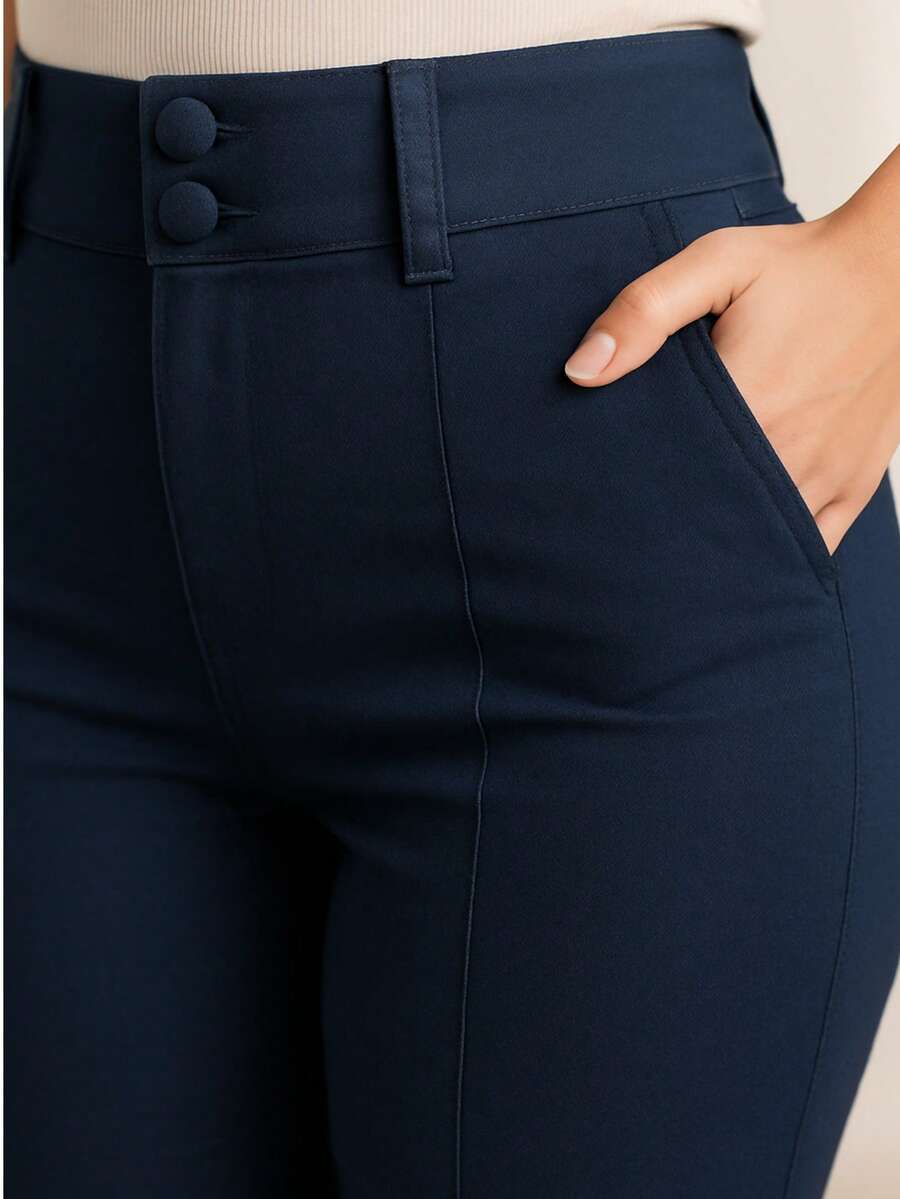 Plus Size Formal Pants Bengaline Fabric Stretch Very Feminine Elegant Double Button And Pocket - 藏蓝色 - 查看 1