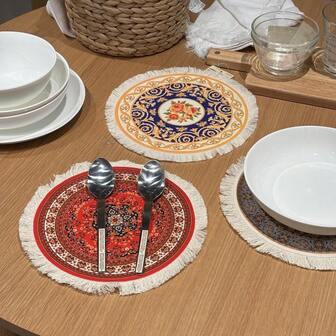 1pc Round Bohemian Style Coasters With Handmade Tassels, Coffee Cups, Holiday Party Birthday Wedding Desktop Decoration Supplies, Gifts