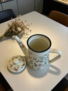 1pc Multi-Color Enamel Coffee Pot, 1.2L Elegant Chinese Red & Blue Enamel Coffee Pot, Handle Pot Coffee Pot Narrow Mouth Oil Pot Boiling Pot, Home Boiling Pot, Tea Pot, Gift Pot For Christmas, Home Restaurant Coffee Shop Party, Tea Set Accessories, Thick Manual Tilt Water Pot With Floral Design, Suitable For Electric Stove Gas Brewing Coffee Or Tea