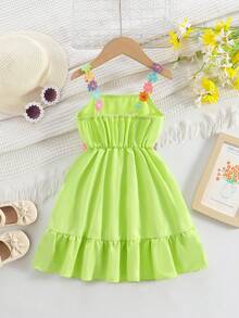 2-5岁女童可爱碎花刺绣无袖连衣裙,甜美风格,夏季 - 綠色 - 查看 8