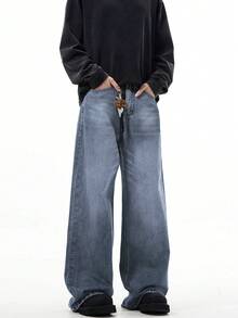 1pc Men's Fashion Loose Retro Vintage Washed Wide-Leg Casual Jeans Pants (No Belt & Accessories) - Blue - View 3