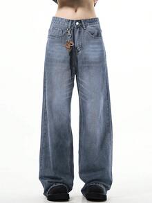 1pc Men's Fashion Loose Retro Vintage Washed Wide-Leg Casual Jeans Pants (No Belt & Accessories) - Blue - View 5
