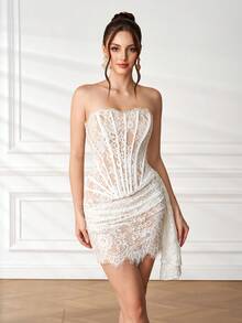 Elisanya Fashionable Sexy Elegant Short Strapless Mini Bodycon Dress, Summer Pleated Party Cocktail Dress, White Lace Backless Evening Gown - White - View 5