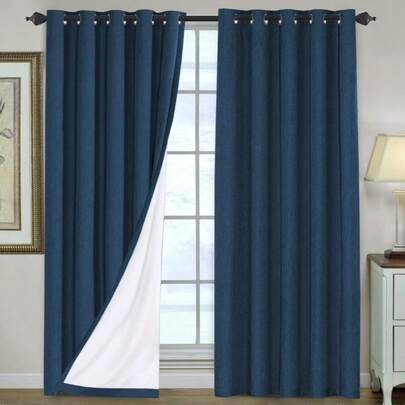 100% Blackout Curtains For Bedroom/Living Textured Linen Look Thermal Insulated Blockout Window Curtain Draperies With White Backing Sold Pair Each Piece W168cm X D229cm Navy
