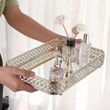 Perfume Tray Mirror Tray Makeup Vanity Tray Hollow-Carved Jewelry Tray Glass Metal Trinket Storage Tray Home Organizer Decorative Tray For For Dresser Bathroom CountertopGold Medium Size - GoldSilver - View 7