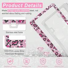 [Free Shipping]Bling License Plate Frame For Women, 2Pack Rhinestone Handcrafted Crystal Premium Stainless Steel, Stainless Steel Car Decorative Accessories With Diamond Sparkle Glitter Caps,2pc,PinkLeopardPrint - PinkLeopardPrint - View 4
