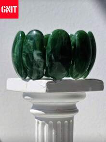 GNIT 1pc Elegant Retro Wide Resin Bangle In Green, Autumn Winter Sweater Accessory Geometric Pattern Elements, Orderly Textures And Fluctuating Curves - Green Pattern Series Bangle - View 15