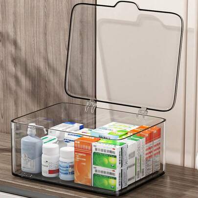 1pc Transparent Desktop Storage Box With Flip Cover, Dust-Proof Organizer Box. Mini Household Medicine Storage Box. Multi-Functional Storage For Cosmetics, Face Masks, Stationery, Miscellaneous Items.