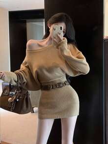 2025 New Y6Y Off-Shoulder Long Sleeve Sweater Dress With Belt, Sexy & Slimming Bodycon Dress For Women, Autumn