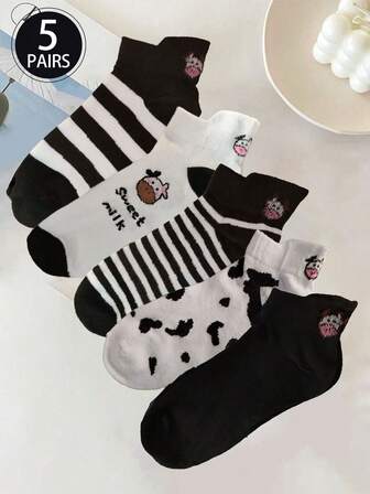 5 Pairs/10 Pairs (Random Style) Spring/Summer Black & White Cartoon Cow Ear Cut Ankle Socks, Cute Japanese Style Short Women Socks