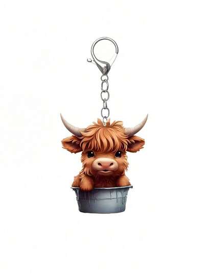 Charming Highland Cow Acrylic Bag Pendant ,Highland Cattle Sitting In Iron Basin,Acrylic Decoration Car Pendant Cute Calf Cartoon Family Keychain Bag Decoration ,Earphone Pendant, Mobile Phone Shell Pendant- Perfect For Car Keys, Backpacks & Bags ,It Is Also A Good Choice For Giving Gifts.