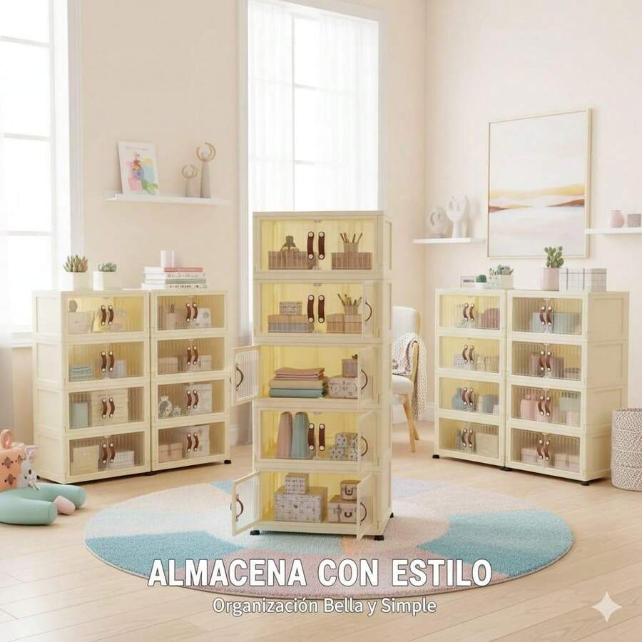 Mueble Organizador de 5 Niveles con Rueditas Puertas Transparentes Cierre Magnético para Almacenamiento Eficiente, mide 116 X 100 X 49 cm también es modular, lo puedes desarmar a tu gusto para hacerlo mas pequeño - Albaricoque - Ver 1