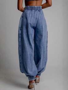 Vintage Double-Button Pleated Denim Culottes, Mid-Rise Non-Stretch Women's Pants - 淺色水洗藍 - 查看 3