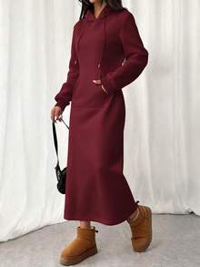女士休闲连帽抓绒连衣裙，灰色，宽松显瘦，保暖舒适，开衩设计，优雅百搭，适合日常穿着、通勤、居家、冬季旅行、圣诞节等场合。 - 酒紅色 - 查看 6