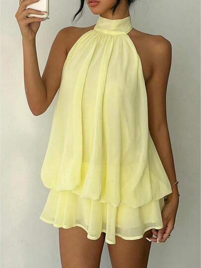 Women Pleated Flowy Backless Halter Tops High Neck Sleeveless Tank Top Tie Up Summer Going Out Loose Club Party Tops