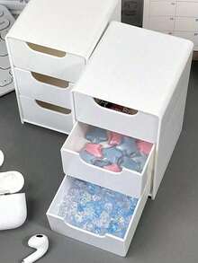 1 Stück platzsparende Kunststoff Schreibtisch Aufbewahrungsbox mit 3 Schubladen, geeignet zum Aufbewahren von Kosmetik, Accessoires, Urlaubsutensilien, Reisebedarf, Kulturtaschen, Strandartikeln, Campingausrüstung und mehr - Weiss - Übersicht 2