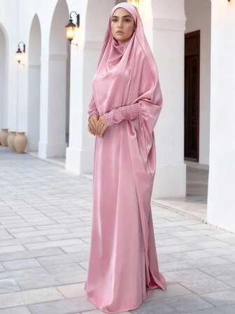 1pc Fashionable & Elegant Casual Abaya With Headscarf, Versatile Long Robe Suitable For Festivals, Home, Leisure, And Vacation