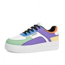 女士彩色拼接厚底运动鞋，白色休闲鞋，粉色运动鞋，适合春秋季穿着 - 紫色 - 查看 18