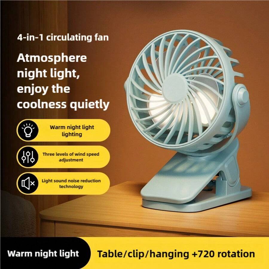 可充电便携式电风扇，720°旋转，夹式设计，带夜灯，空气冷却器，户外露营迷你风扇，500mAh - 彩色 - 查看 1