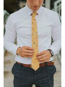 DAZI Men's Tie Floral Print Cotton Necktie, Great Weddings, Groom, Groomsmen, Missions, Dances, Gifts. - Marigold - 查看 2