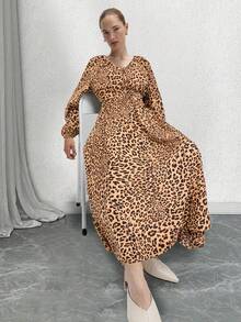 动物纹V领褶皱中长收腰连衣裙 - 彩色 - 查看 1