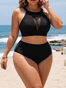 Swim Lushoire 大码夏季海滩纯色上衣和比基尼套装下装两件套比基尼套装