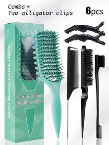 6pcs Hair Brush Set, New Upgrade Curl Defining Brush, Crafted From Sturdy Yet Lightweight ABS Material, Its Ventilated Design Allows Hair To Dry More Quickly, Dual Edge Brushes Keeps Edges And Flyaway Smooth ,Hair Styling Kit ,Hairstyling Set