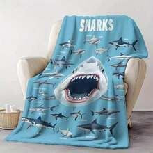1pc Ultra-Soft Flannel Shark Diversity Chart Throw Blanket – Vintage Style, Light Blue With Realistic Shark Illustrations, Home, Office, Or Travel – Cozy All-Season Comfor - Multicolor - View 3
