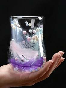 1pc Customized Logo Dried Flower Double-Layer Glass Cup, Oval Design Home Coffee Mug, Creative Souvenir Gift Cup, Handmade - Multicolor - View 7