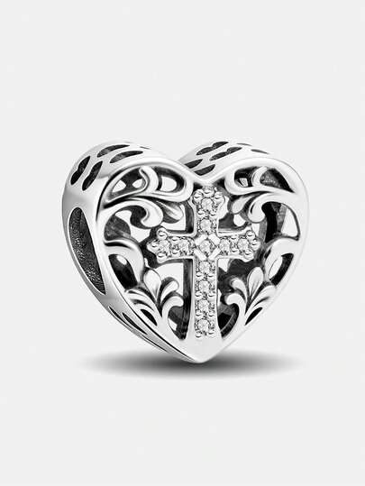 1pc Fashionable Heart & Cross Beaded Pendant, Suitable For Women Bracelet, Bangle DIY Jewelry Making And Daily Accessories, Ideal For Girls