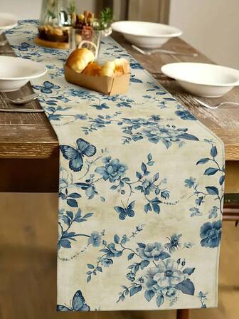 1条花卉图案桌旗，春季植物系列花卉图案桌旗，1条桌旗，4个餐垫，1个靠垫套（不含内芯），3种产品可选，现代春夏花卉家居厨房餐厅装饰，季节性农舍花卉装饰，室内外派对用品，适用于餐厅和咖啡馆，家居用品