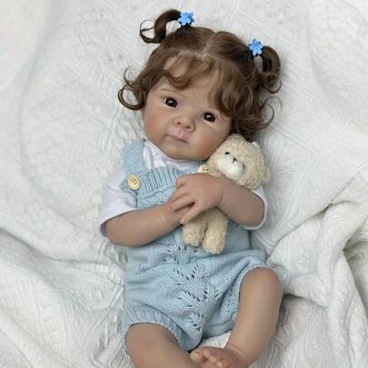 19 Inch (48cm) Reborn Doll Toy, Children's Toy, Vinyl Limbs And Cloth Body, Handmade, Collectible Humanoid Doll, Brown Curly Hair, Fashionable Birthday Gift, Bedtime Roleplay Toy