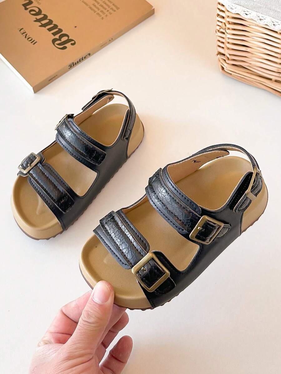 1 par de sandalias planas de moda para niños, ligeras, sencillas, cómodas y versátiles, sandalias de niños/niñas con punta abierta - Negro - Ver 1