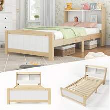 Solid Wood Single Bed With Storage Headboard, 90 X 200 Cm Bed Frame With Slatted Base, Wooden Bed With Headboard, Children's Bed, Youth Bed, Solid Pine, Natural And White (With Mattress) - White - View 6