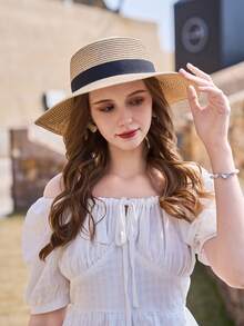 1 buc. Pălărie de paie pentru femei, pălărie de soare cu bor plat, protecție UV la modă și elegantă, pălărie de vară pliabilă - Kaki - Vizualizare 3