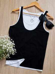 UREREM Minimalist Sleeveless Contrast Color 2 In 1 Tank Top, Fitted Slim Fit, Suitable For Commuting, Inner Layer Or Outerwear, 110G Knit Fabric - Black and White - View 3