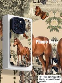 1 pieza Funda de teléfono protectora suave de piel sintética vertical con parche de caballo marrón, mariposa y papel rasgado personalizada y de moda compatible con Apple y teléfonos 17/17AIR/17PRO/17PROMAX - Multicolor - Ver 1