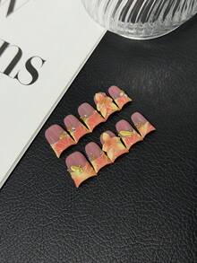 10Pcs/Set Handmade Short Duckbill Press - On Nails, Yellow & Coral Orange With Feathers & Rhinestone Details Accessories., Ideal For Girly Gatherings & Casual Chic - Màu Cam san hô - Xem 1